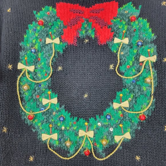 Vintage 1994 Christmas Wreath Ugly Sweater with Real Ornaments Size Medium - Picture 5 of 15